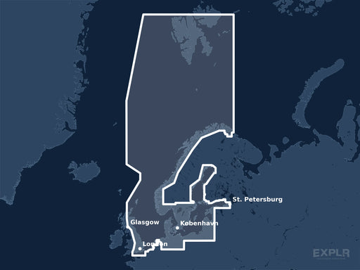 Täckningskarta för sjökortet C-MAP DISCOVER Northern & Central Europe (M-EN-Y050-MS): det vita markerade området visar vilka vatten kortet omfattar, bland annat kring London, St. Petersburg och Glasgow.