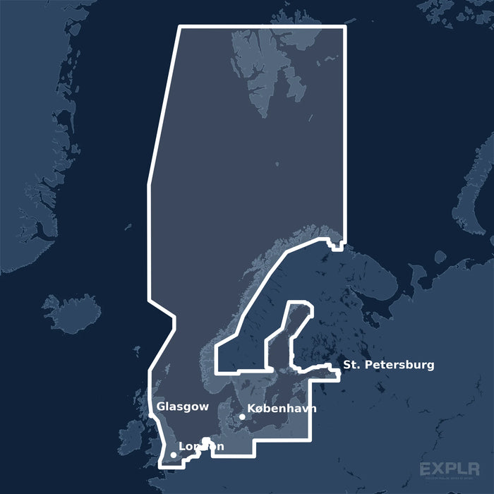 Kvadratisk översiktskarta över täckningsområdet för C-MAP DISCOVER Northern & Central Europe (M-EN-Y050-MS) med orter som London, St. Petersburg och Glasgow utmärkta.