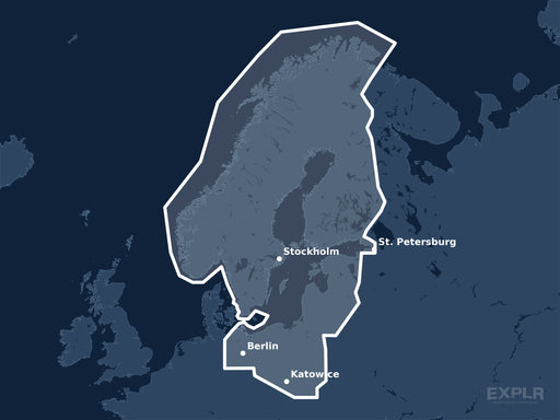 Täckningskarta för sjökortet C-MAP DISCOVER Baltic Sea (M-EN-Y055-MS): det vita markerade området visar vilka vatten kortet omfattar, bland annat kring St. Petersburg, Berlin och Katowice.