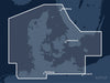 Täckningskarta för sjökortet C-MAP DISCOVER Karlskrona to Emden (M-EN-Y205-MS): det vita markerade området visar vilka vatten kortet omfattar, bland annat kring Hamburg, København och Göteborg.