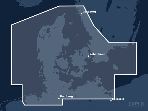 Täckningskarta för sjökortet C-MAP DISCOVER Karlskrona to Emden (M-EN-Y205-MS): det vita markerade området visar vilka vatten kortet omfattar, bland annat kring Hamburg, København och Göteborg.