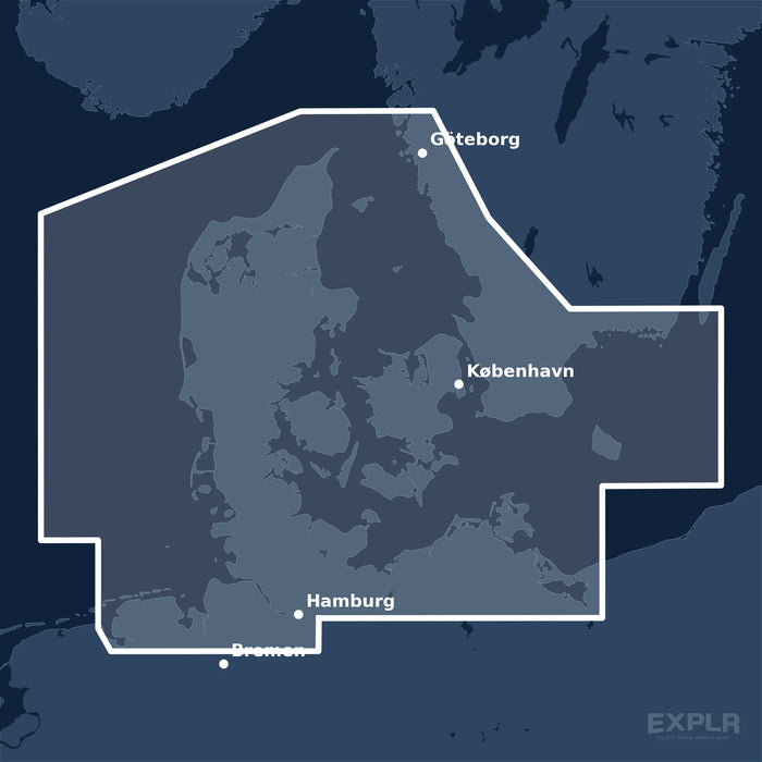 Kvadratisk översiktskarta över täckningsområdet för C-MAP DISCOVER Karlskrona to Emden (M-EN-Y205-MS) med orter som Hamburg, København och Göteborg utmärkta.