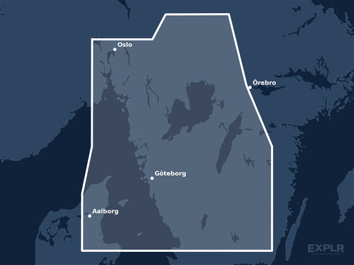 Täckningskarta för sjökortet C-MAP DISCOVER Torekov to Larvik (M-EN-Y206-MS): det vita markerade området visar vilka vatten kortet omfattar, bland annat kring Oslo, Göteborg och Aalborg.