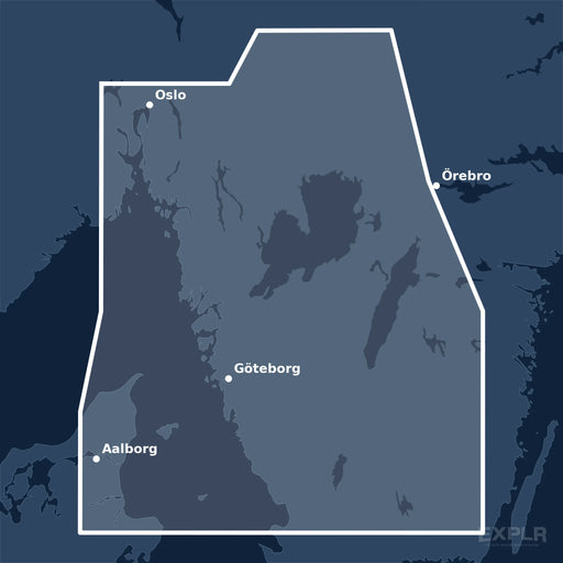 Kvadratisk översiktskarta över täckningsområdet för C-MAP DISCOVER Torekov to Larvik (M-EN-Y206-MS) med orter som Oslo, Göteborg och Aalborg utmärkta.