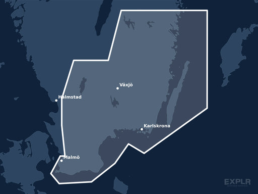 Täckningskarta för sjökortet C-MAP DISCOVER Malmö to Valdermarsvik (M-EN-Y207-MS): det vita markerade området visar vilka vatten kortet omfattar, bland annat kring Malmö, Växjö och Halmstad.