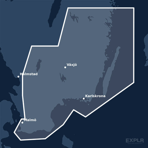 Kvadratisk översiktskarta över täckningsområdet för C-MAP DISCOVER Malmö to Valdermarsvik (M-EN-Y207-MS) med orter som Malmö, Växjö och Halmstad utmärkta.