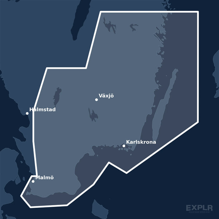 Kvadratisk översiktskarta över täckningsområdet för C-MAP DISCOVER Malmö to Valdermarsvik (M-EN-Y207-MS) med orter som Malmö, Växjö och Halmstad utmärkta.