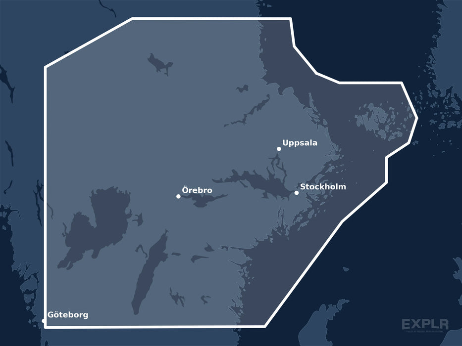 Täckningskarta för sjökortet C-MAP DISCOVER Västervik to Söderhamn (M-EN-Y208-MS): det vita markerade området visar vilka vatten kortet omfattar, bland annat kring Stockholm, Göteborg och Uppsala.