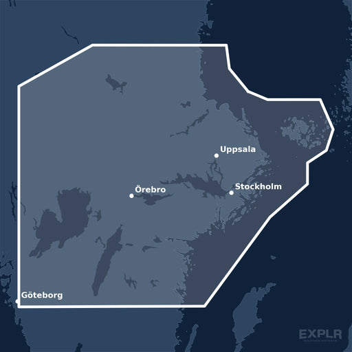 Kvadratisk översiktskarta över täckningsområdet för C-MAP DISCOVER Västervik to Söderhamn (M-EN-Y208-MS) med orter som Stockholm, Göteborg och Uppsala utmärkta.