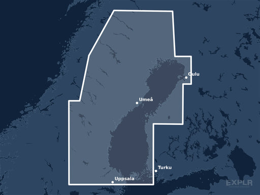 Täckningskarta för sjökortet C-MAP DISCOVER Gulf of Bothnia (M-EN-Y209-MS): det vita markerade området visar vilka vatten kortet omfattar, bland annat kring Turku, Oulu och Uppsala.