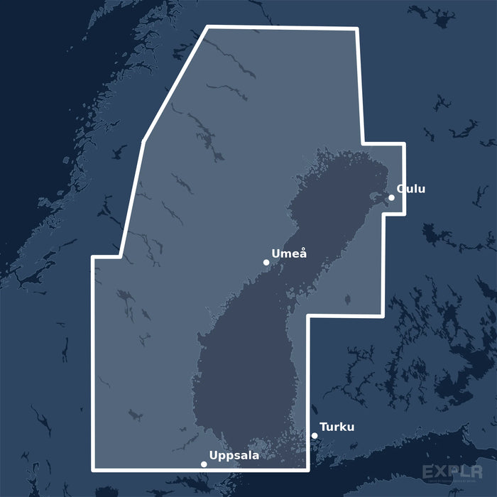 Kvadratisk översiktskarta över täckningsområdet för C-MAP DISCOVER Gulf of Bothnia (M-EN-Y209-MS) med orter som Turku, Oulu och Uppsala utmärkta.