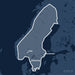 Kvadratisk översiktskarta över täckningsområdet för C-MAP DISCOVER Scandinavia Inland Waters (M-EN-Y210-MS) med orter som Stockholm, Oslo och Göteborg utmärkta.