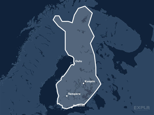 Täckningskarta för sjökortet C-MAP DISCOVER Finland Lakes (M-EN-Y211-MS): det vita markerade området visar vilka vatten kortet omfattar, bland annat kring Helsinki, Tampere och Oulu.