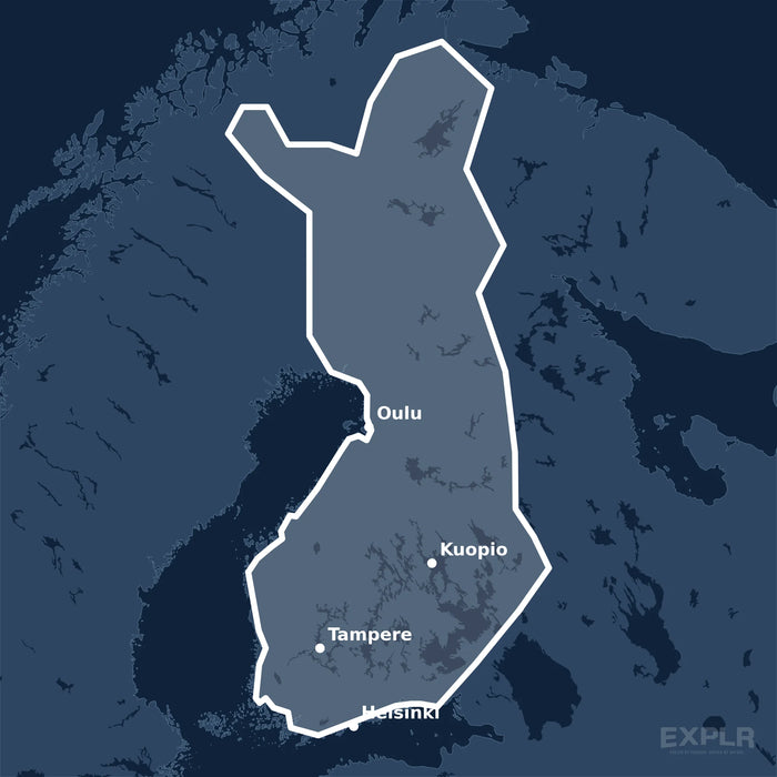 Kvadratisk översiktskarta över täckningsområdet för C-MAP DISCOVER Finland Lakes (M-EN-Y211-MS) med orter som Helsinki, Tampere och Oulu utmärkta.