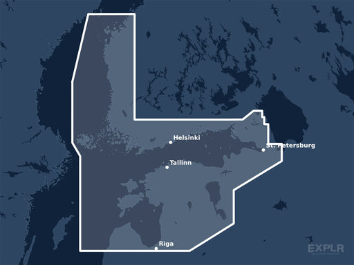 Täckningskarta för sjökortet C-MAP DISCOVER Gulf of Finland & Åland Islands Archipelago (M-EN-Y212-MS): det vita markerade området visar vilka vatten kortet omfattar, bland annat kring St. Petersburg, Helsinki och Riga.