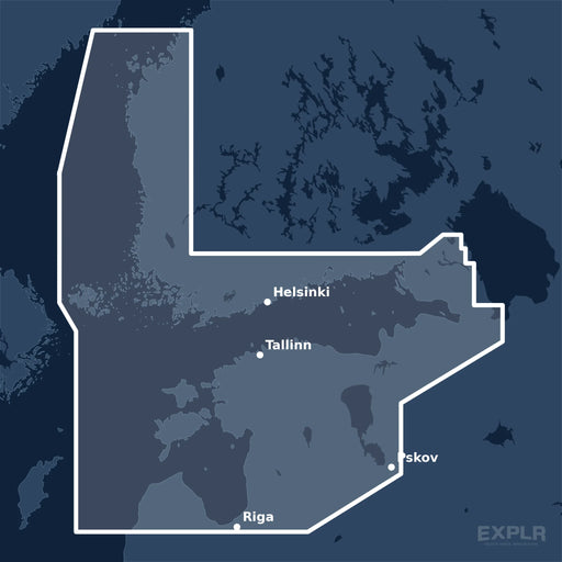 Kvadratisk översiktskarta över täckningsområdet för C-MAP DISCOVER Gulf of Finland & Åland Islands Archipelago (M-EN-Y212-MS) med orter som St. Petersburg, Helsinki och Riga utmärkta.
