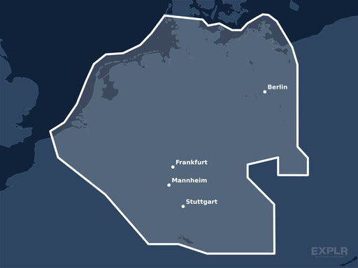 Täckningskarta för sjökortet C-MAP DISCOVER Germany & Netherlands Inland (M-EN-Y215-MS): det vita markerade området visar vilka vatten kortet omfattar, bland annat kring Berlin, Stuttgart och Frankfurt.