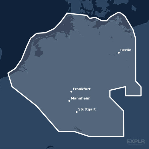 Kvadratisk översiktskarta över täckningsområdet för C-MAP DISCOVER Germany & Netherlands Inland (M-EN-Y215-MS) med orter som Berlin, Stuttgart och Frankfurt utmärkta.