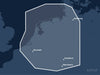 Täckningskarta för sjökortet C-MAP DISCOVER Benelux Inland & Coastal (M-EN-Y216-MS): det vita markerade området visar vilka vatten kortet omfattar, bland annat kring Frankfurt, Mannheim och Hamburg.