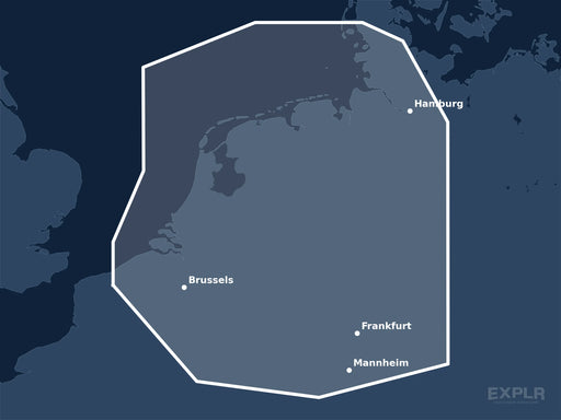 Täckningskarta för sjökortet C-MAP DISCOVER Benelux Inland & Coastal (M-EN-Y216-MS): det vita markerade området visar vilka vatten kortet omfattar, bland annat kring Frankfurt, Mannheim och Hamburg.