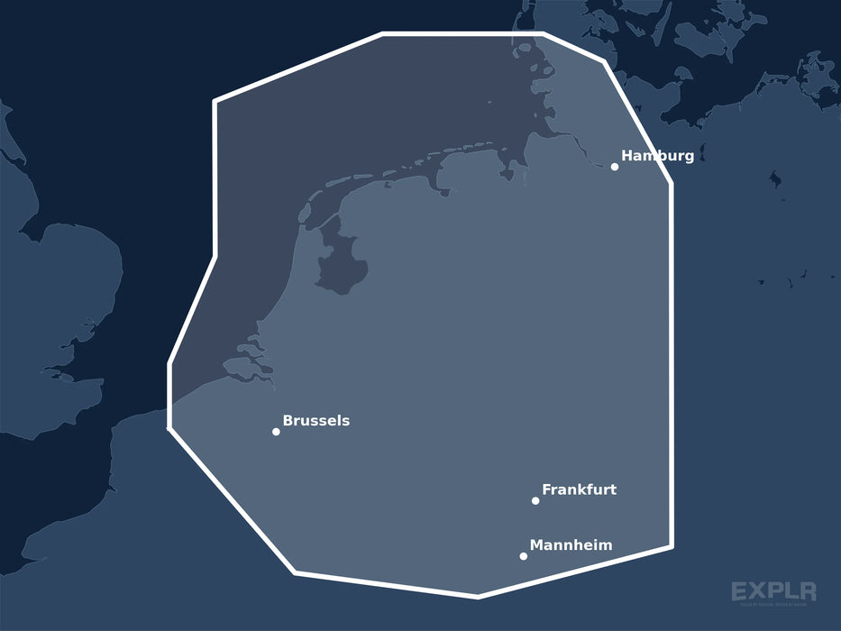 Täckningskarta för sjökortet C-MAP DISCOVER Benelux Inland & Coastal (M-EN-Y216-MS): det vita markerade området visar vilka vatten kortet omfattar, bland annat kring Frankfurt, Mannheim och Hamburg.