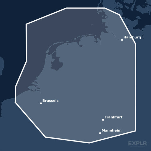 Kvadratisk översiktskarta över täckningsområdet för C-MAP DISCOVER Benelux Inland & Coastal (M-EN-Y216-MS) med orter som Frankfurt, Mannheim och Hamburg utmärkta.