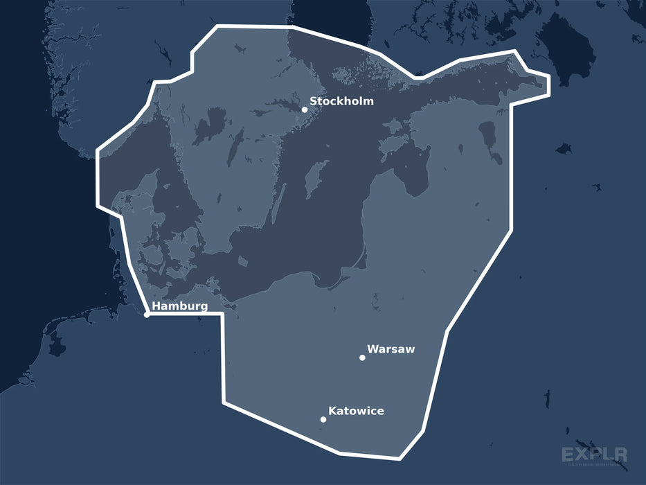 Täckningskarta för sjökortet C-MAP REVEAL Baltic Sea & Denmark (M-EN-Y299-MS): det vita markerade området visar vilka vatten kortet omfattar, bland annat kring Katowice, Hamburg och Warsaw.