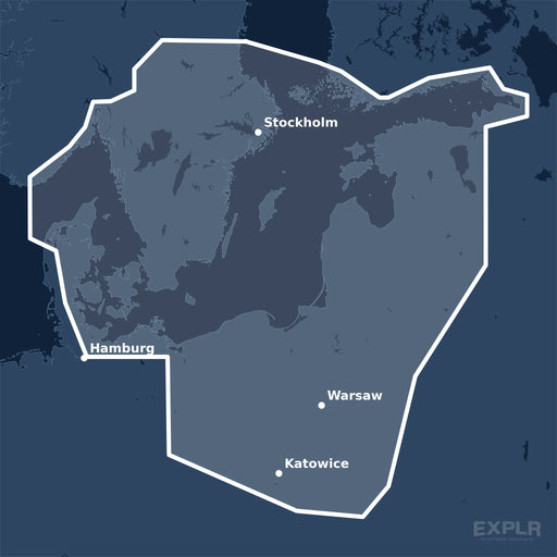 Kvadratisk översiktskarta över täckningsområdet för C-MAP REVEAL Baltic Sea & Denmark (M-EN-Y299-MS) med orter som Katowice, Hamburg och Warsaw utmärkta.