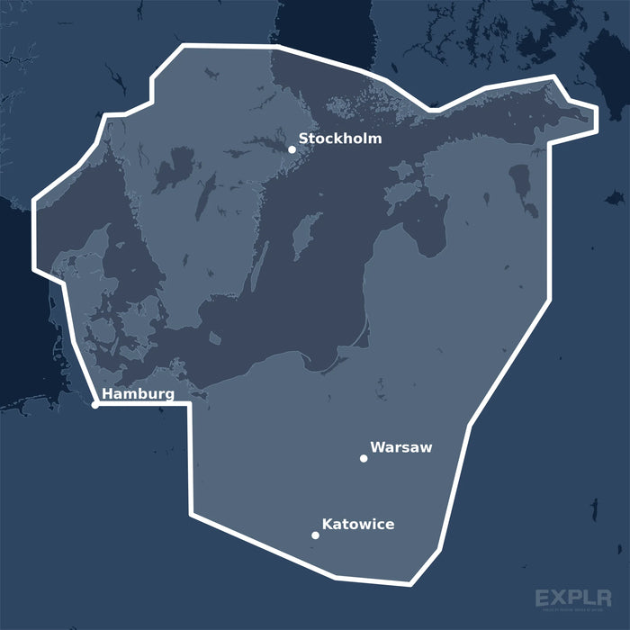 Kvadratisk översiktskarta över täckningsområdet för C-MAP REVEAL Baltic Sea & Denmark (M-EN-Y299-MS) med orter som Katowice, Hamburg och Warsaw utmärkta.