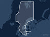 Täckningskarta för sjökortet C-MAP REVEAL North Sea & Denmark (M-EN-Y300-MS): det vita markerade området visar vilka vatten kortet omfattar, bland annat kring Berlin, København och Oslo.