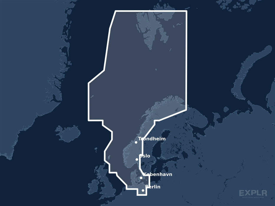 Täckningskarta för sjökortet C-MAP REVEAL North Sea & Denmark (M-EN-Y300-MS): det vita markerade området visar vilka vatten kortet omfattar, bland annat kring Berlin, København och Oslo.