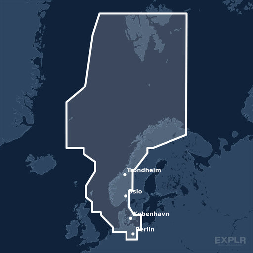 Kvadratisk översiktskarta över täckningsområdet för C-MAP REVEAL North Sea & Denmark (M-EN-Y300-MS) med orter som Berlin, København och Oslo utmärkta.