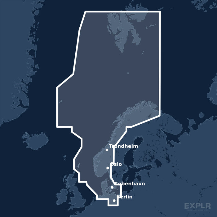 Kvadratisk översiktskarta över täckningsområdet för C-MAP REVEAL North Sea & Denmark (M-EN-Y300-MS) med orter som Berlin, København och Oslo utmärkta.