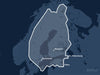 Täckningskarta för sjökortet C-MAP REVEAL Finland Lakes (M-EN-Y326-MS): det vita markerade området visar vilka vatten kortet omfattar, bland annat kring St. Petersburg, Stockholm och Tampere.