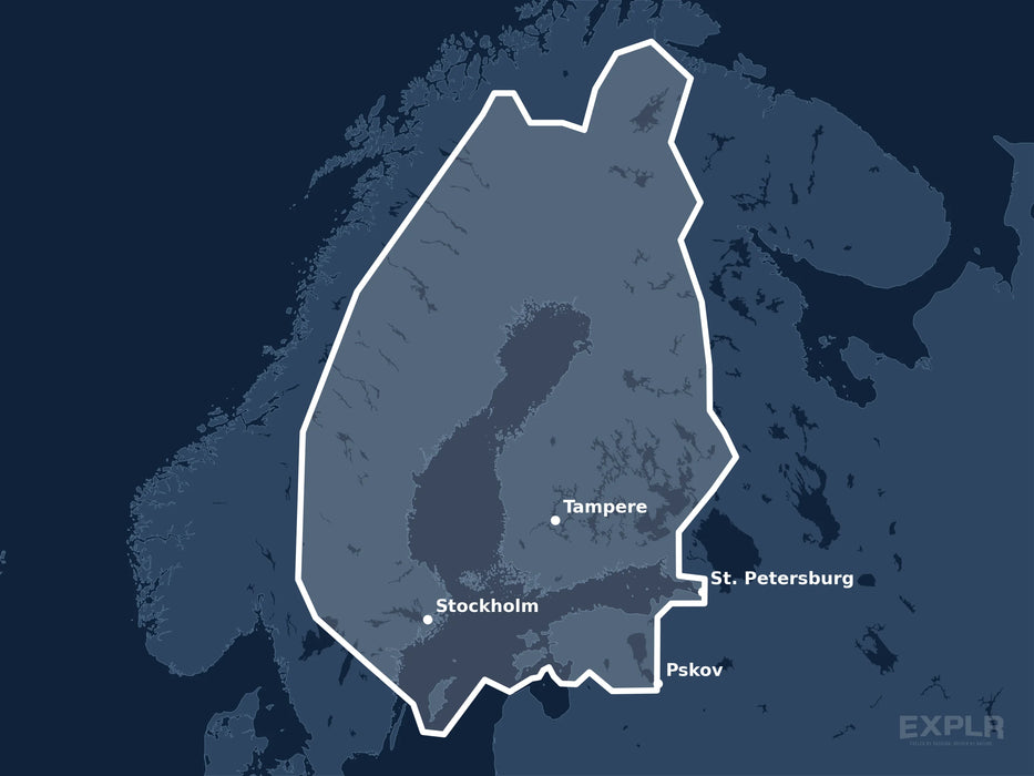 Täckningskarta för sjökortet C-MAP REVEAL Finland Lakes (M-EN-Y326-MS): det vita markerade området visar vilka vatten kortet omfattar, bland annat kring St. Petersburg, Stockholm och Tampere.