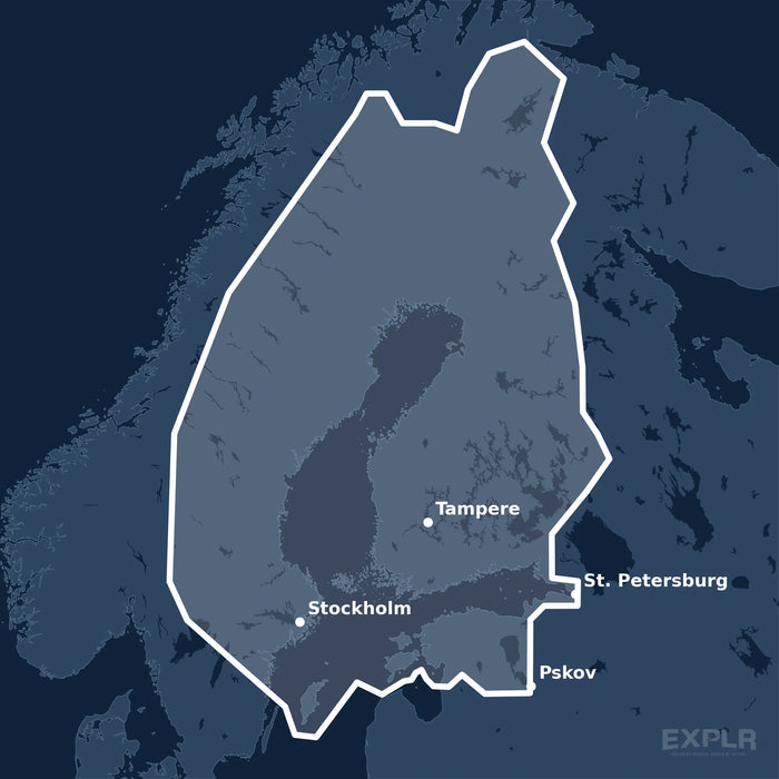 Kvadratisk översiktskarta över täckningsområdet för C-MAP REVEAL Finland Lakes (M-EN-Y326-MS) med orter som St. Petersburg, Stockholm och Tampere utmärkta.