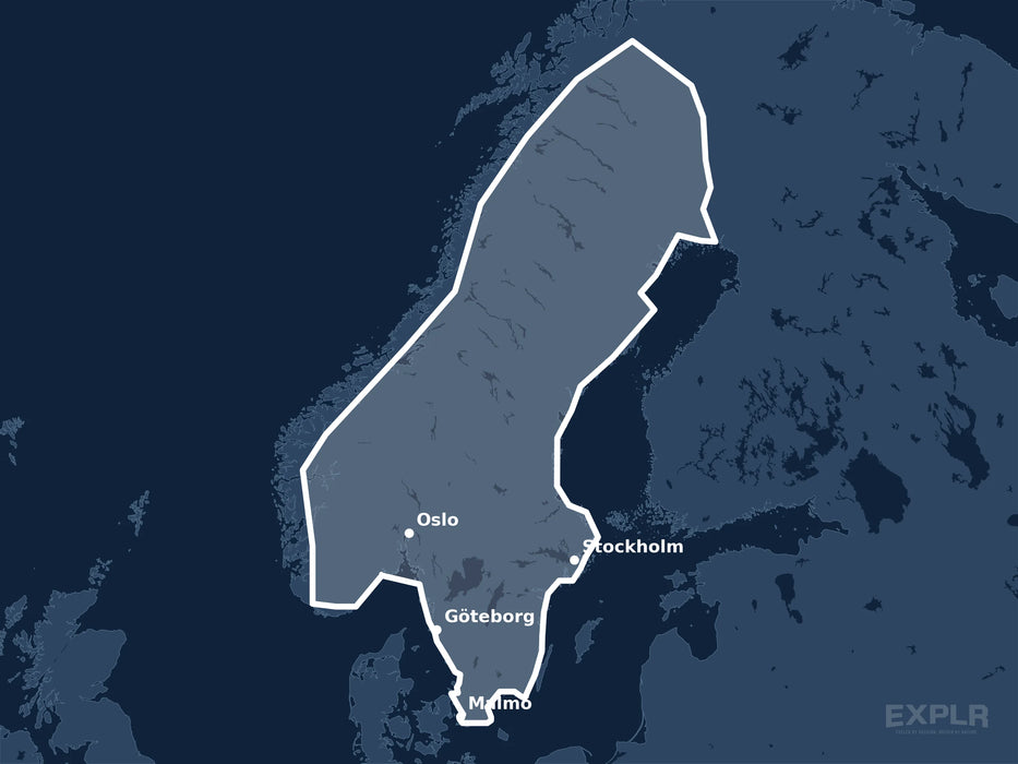 Täckningskarta för sjökortet C-MAP REVEAL Scandinavia Inland (M-EN-Y580-MS): det vita markerade området visar vilka vatten kortet omfattar, bland annat kring Stockholm, Oslo och Göteborg.
