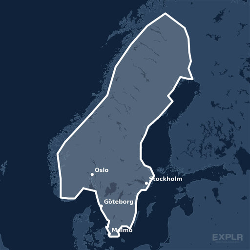 Kvadratisk översiktskarta över täckningsområdet för C-MAP REVEAL Scandinavia Inland (M-EN-Y580-MS) med orter som Stockholm, Oslo och Göteborg utmärkta.