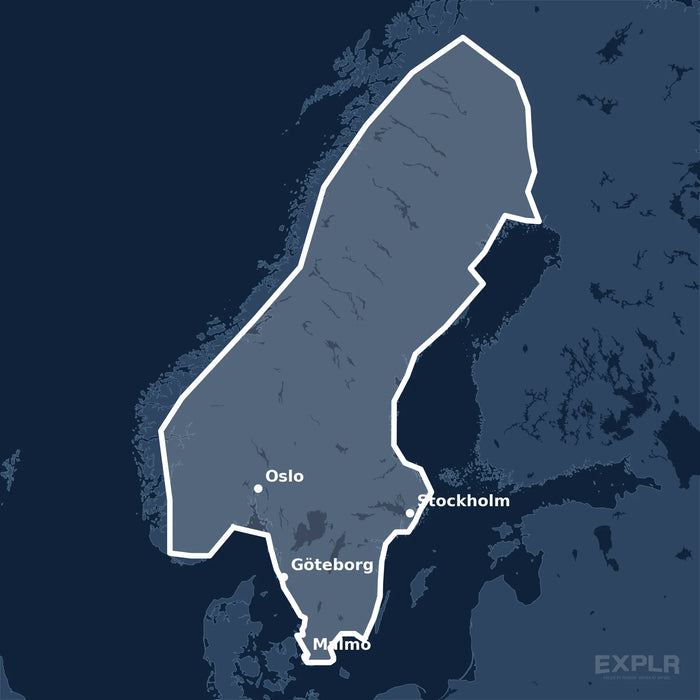 Kvadratisk översiktskarta över täckningsområdet för C-MAP REVEAL Scandinavia Inland (M-EN-Y580-MS) med orter som Stockholm, Oslo och Göteborg utmärkta.