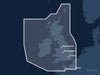 Täckningskarta för sjökortet C-MAP DISCOVER United Kingdom & Ireland (M-EW-Y200-MS): det vita markerade området visar vilka vatten kortet omfattar, bland annat kring Paris, London och Birmingham.