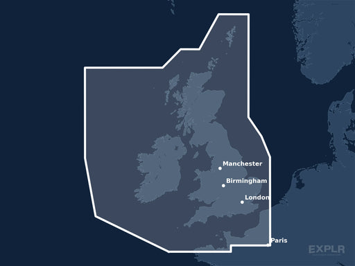 Täckningskarta för sjökortet C-MAP DISCOVER United Kingdom & Ireland (M-EW-Y200-MS): det vita markerade området visar vilka vatten kortet omfattar, bland annat kring Paris, London och Birmingham.