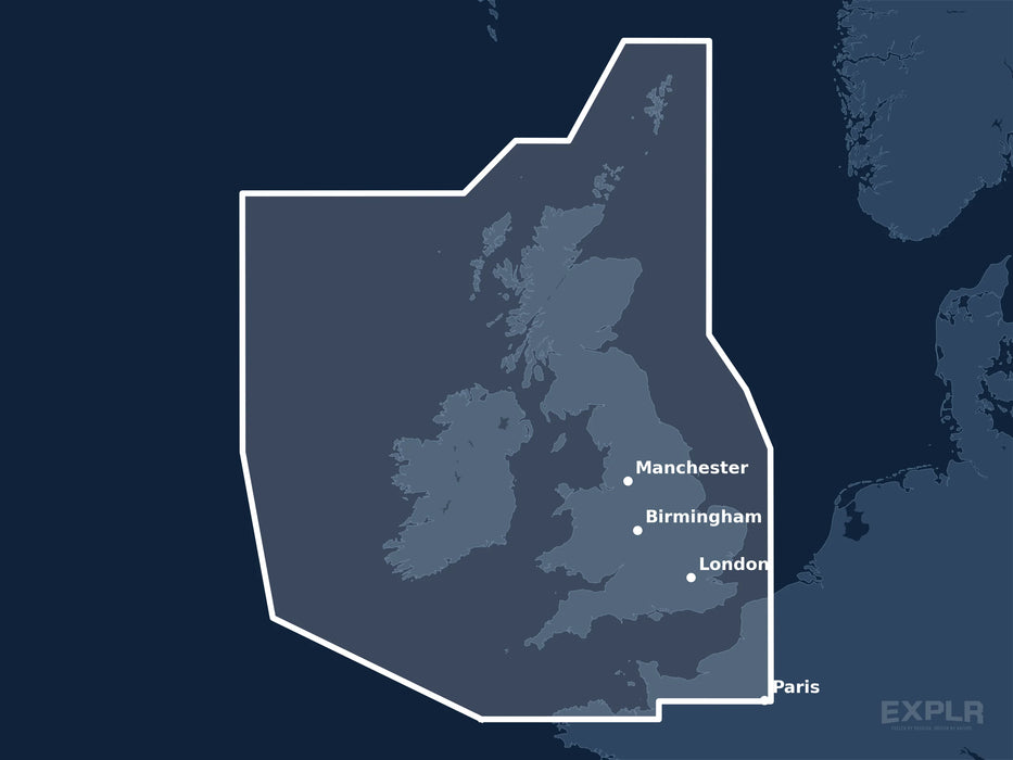 Täckningskarta för sjökortet C-MAP DISCOVER United Kingdom & Ireland (M-EW-Y200-MS): det vita markerade området visar vilka vatten kortet omfattar, bland annat kring Paris, London och Birmingham.