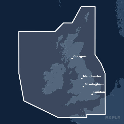 Kvadratisk översiktskarta över täckningsområdet för C-MAP DISCOVER United Kingdom & Ireland (M-EW-Y200-MS) med orter som Paris, London och Birmingham utmärkta.
