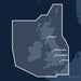 Kvadratisk översiktskarta över täckningsområdet för C-MAP DISCOVER United Kingdom & Ireland (M-EW-Y200-MS) med orter som Paris, London och Birmingham utmärkta.