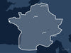 Täckningskarta för sjökortet C-MAP DISCOVER French Inland Waters (M-EW-Y206-MS): det vita markerade området visar vilka vatten kortet omfattar, bland annat kring Paris, Brussels och Turin.