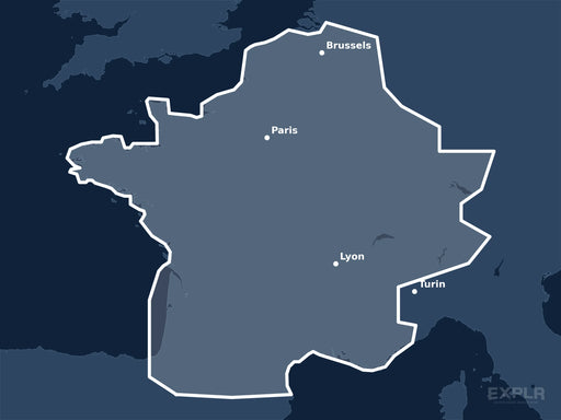 Täckningskarta för sjökortet C-MAP DISCOVER French Inland Waters (M-EW-Y206-MS): det vita markerade området visar vilka vatten kortet omfattar, bland annat kring Paris, Brussels och Turin.