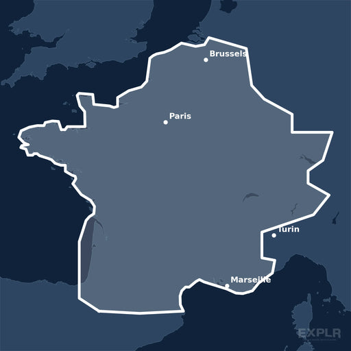 Kvadratisk översiktskarta över täckningsområdet för C-MAP DISCOVER French Inland Waters (M-EW-Y206-MS) med orter som Paris, Brussels och Turin utmärkta.
